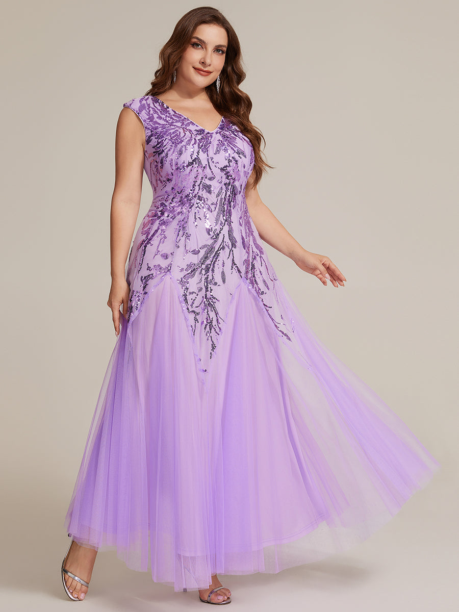 Color=Frosted Lilac | Commercial Wholesale Short Sleeve V-Neck A-Line Maxi Dress with Embroidery & Sequins Evening Dresses-Frosted Lilac 39