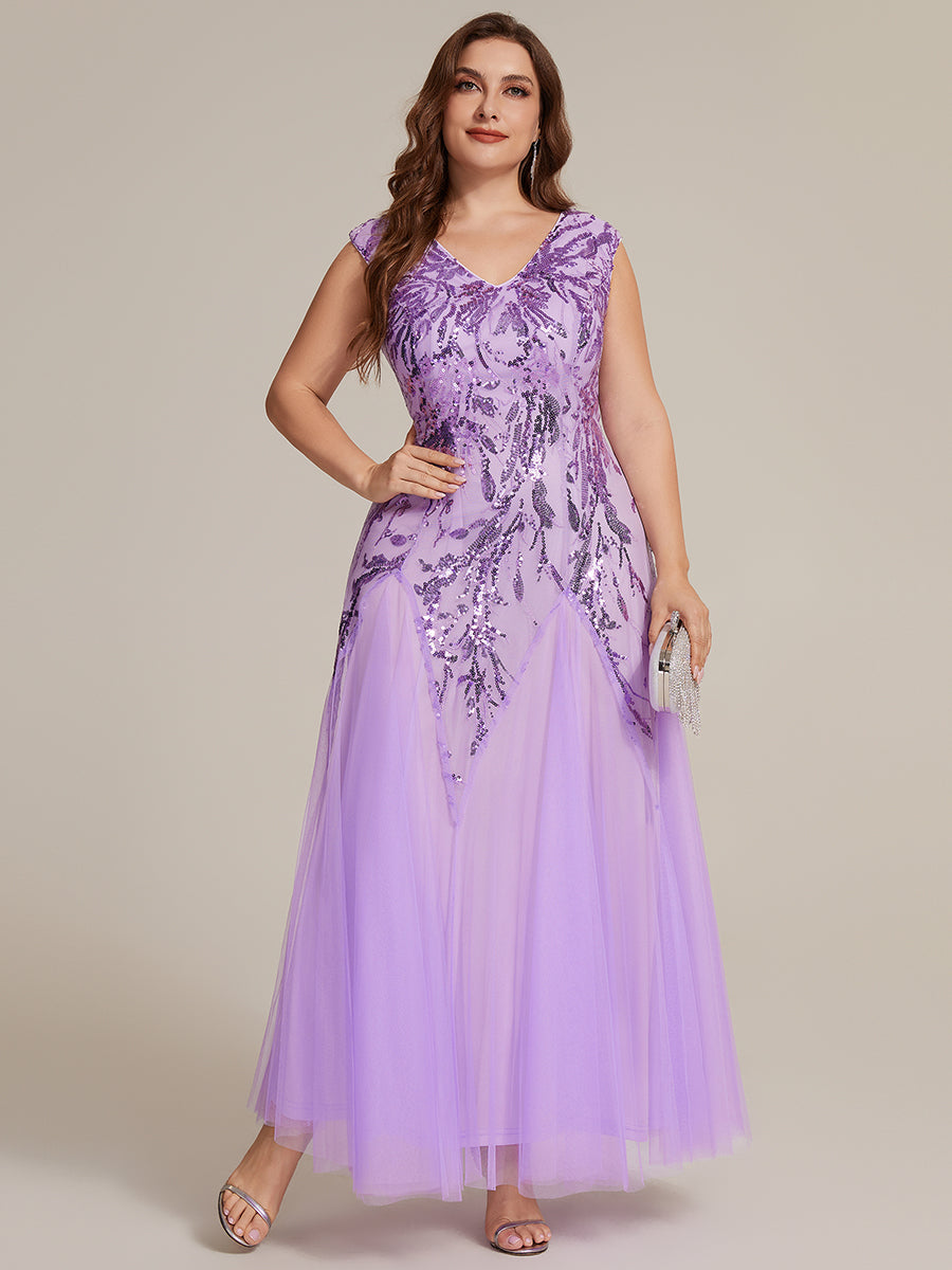 Color=Frosted Lilac | Commercial Wholesale Short Sleeve V-Neck A-Line Maxi Dress with Embroidery & Sequins Evening Dresses-Frosted Lilac 40