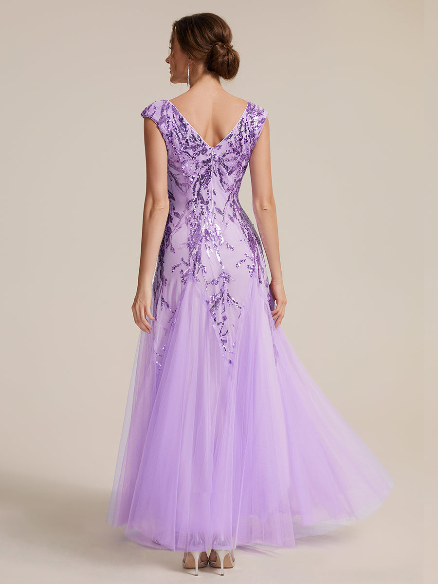 Color=Frosted Lilac | Commercial Wholesale Short Sleeve V-Neck A-Line Maxi Dress with Embroidery & Sequins Evening Dresses-Frosted Lilac 32