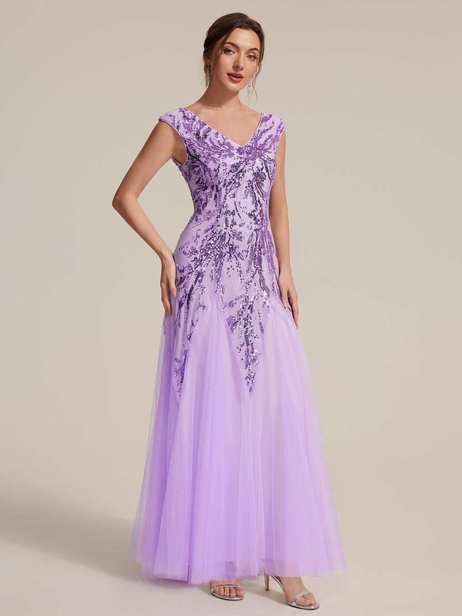 Color=Frosted Lilac | Commercial Wholesale Short Sleeve V-Neck A-Line Maxi Dress with Embroidery & Sequins Evening Dresses-Frosted Lilac 34