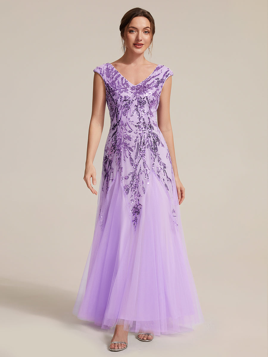Color=Frosted Lilac | Commercial Wholesale Short Sleeve V-Neck A-Line Maxi Dress with Embroidery & Sequins Evening Dresses-Frosted Lilac 35
