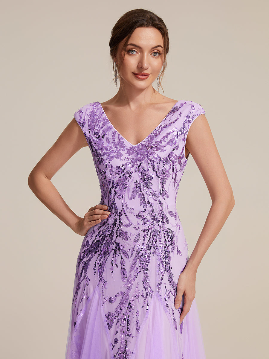 Color=Frosted Lilac | Commercial Wholesale Short Sleeve V-Neck A-Line Maxi Dress with Embroidery & Sequins Evening Dresses-Frosted Lilac 33