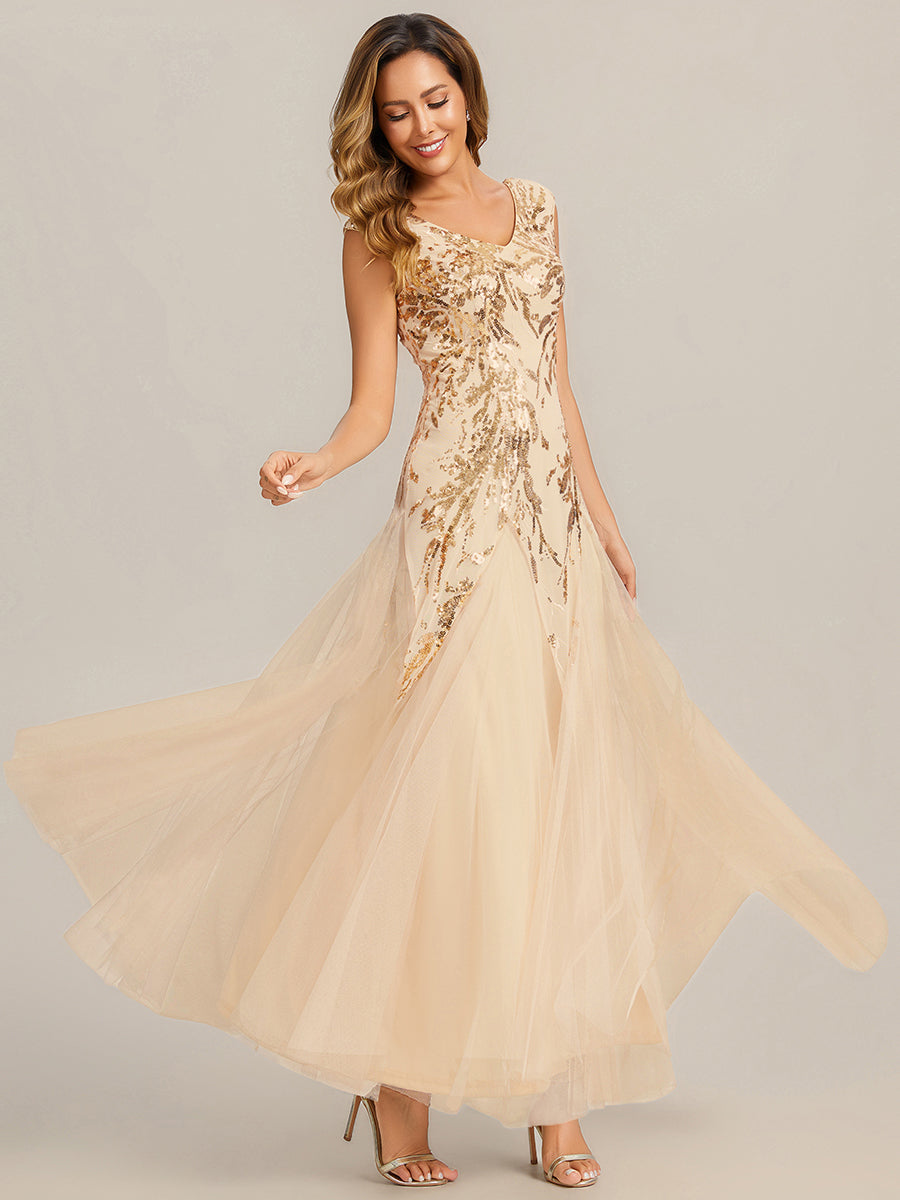 Color=Gold | Wholesale Pricing Strapless V-Neck A-Line Floor Length Embroidered Evening Dresses-Gold 14