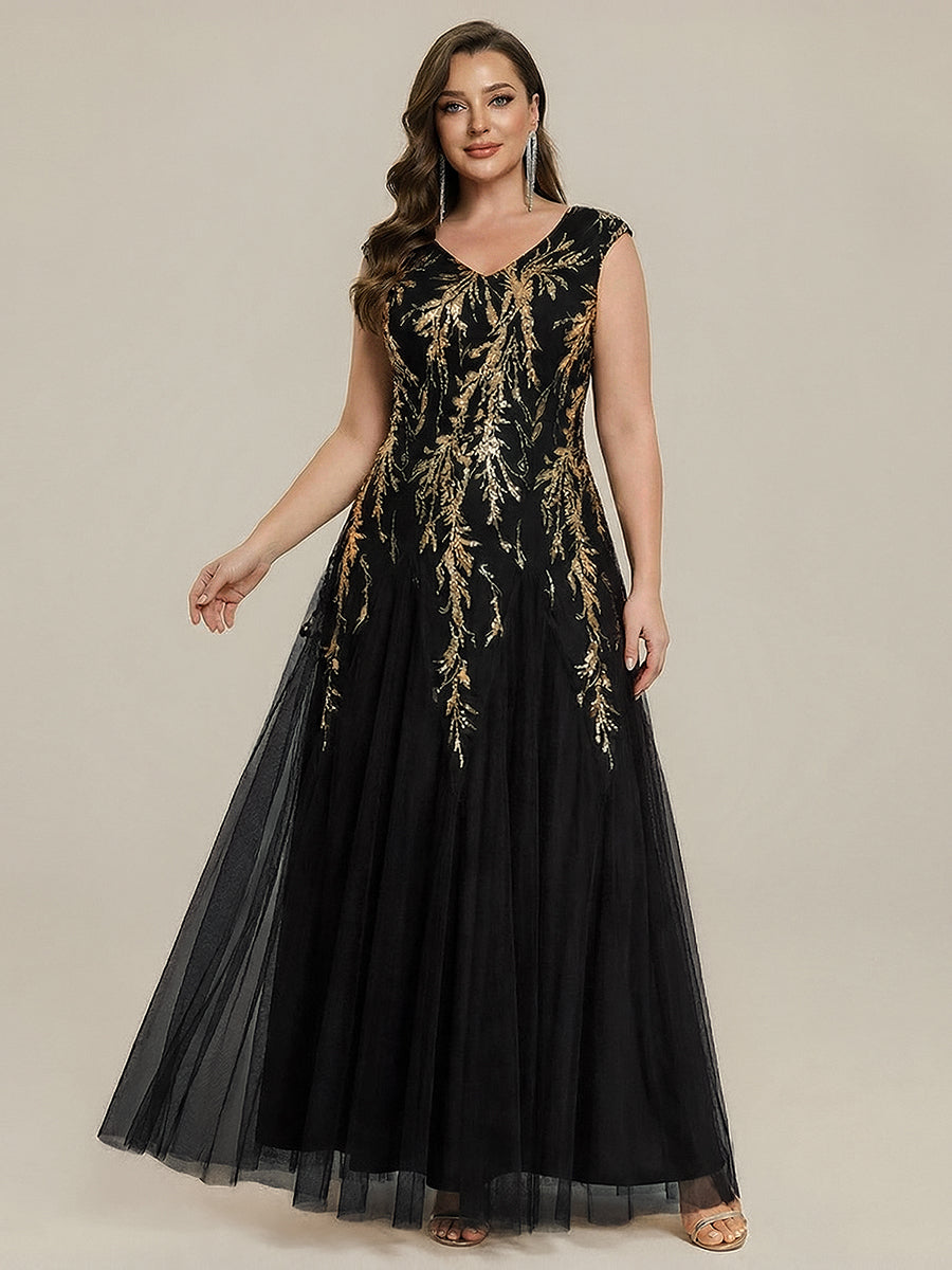 Color=Black Gold | B2B-Exclusive Short Sleeve Embroidered Sequin V-Neck A-Line Floor Length Evening Dresses-Black Gold 4