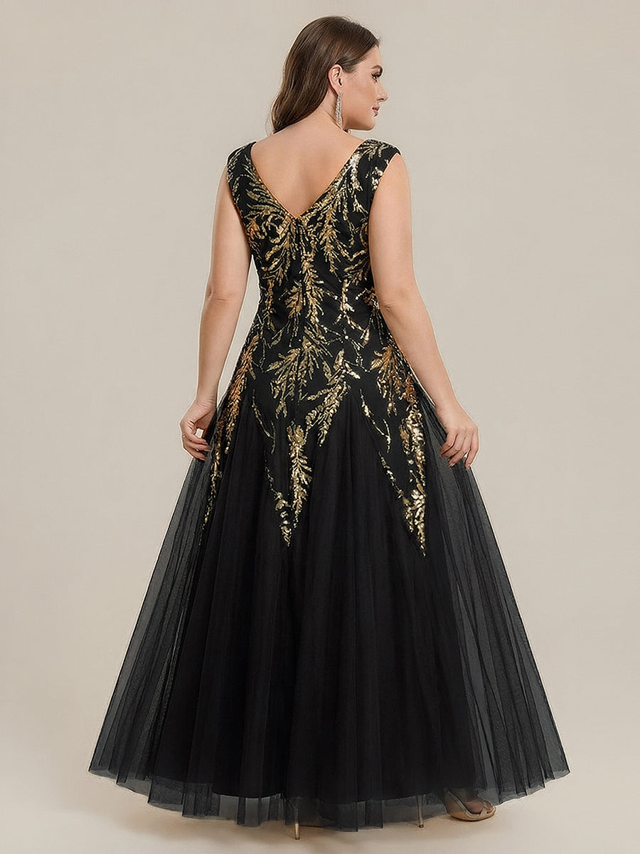 Color=Black Gold | B2B-Exclusive Short Sleeve Embroidered Sequin V-Neck A-Line Floor Length Evening Dresses-Black Gold 5