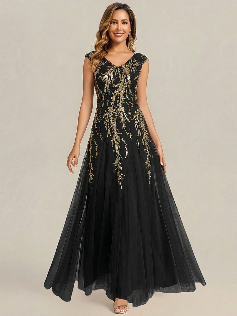 Color=Black Gold | B2B-Exclusive Short Sleeve Embroidered Sequin V-Neck A-Line Floor Length Evening Dresses-Black Gold 1