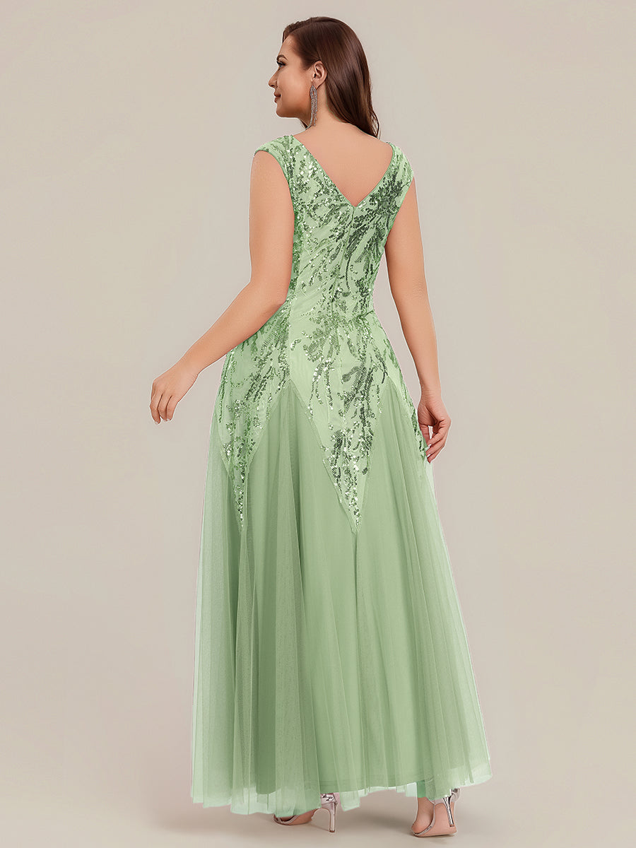 Color=Mint Green | Volume Discounts Short Sleeve V-Neck Embroidered A-Line Floor Length Evening Dresses-Mint Green 7