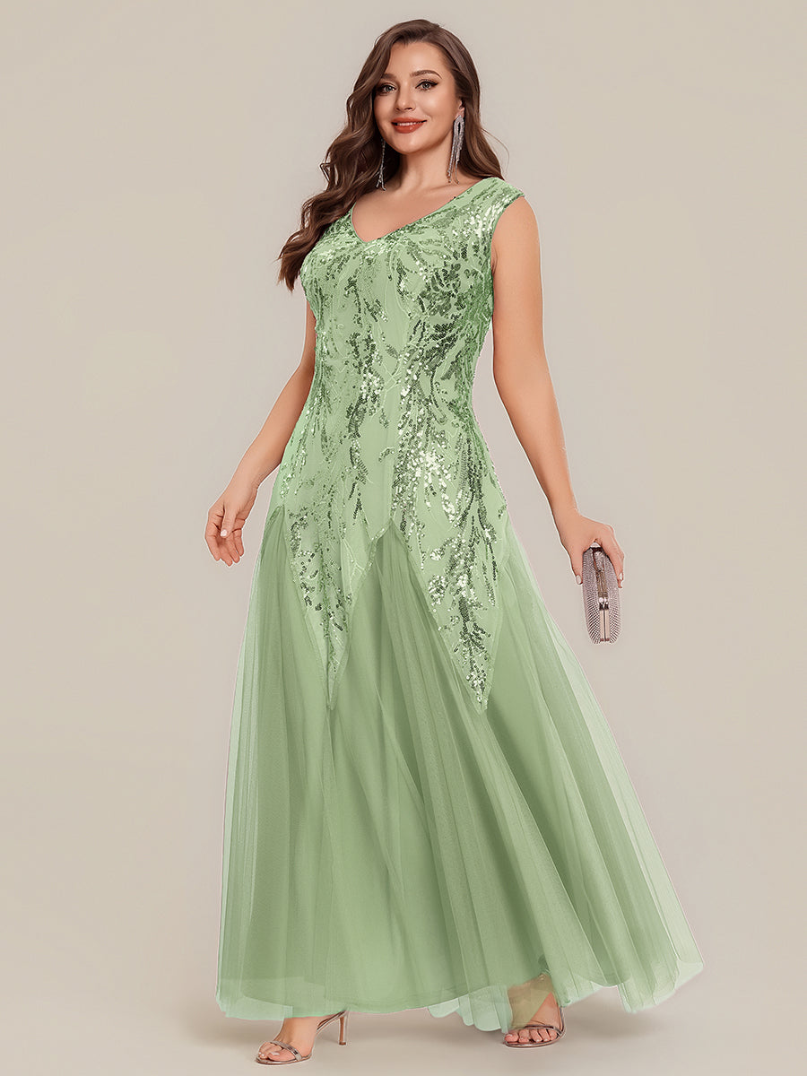 Color=Mint Green | Volume Discounts Short Sleeve V-Neck Embroidered A-Line Floor Length Evening Dresses-Mint Green 9