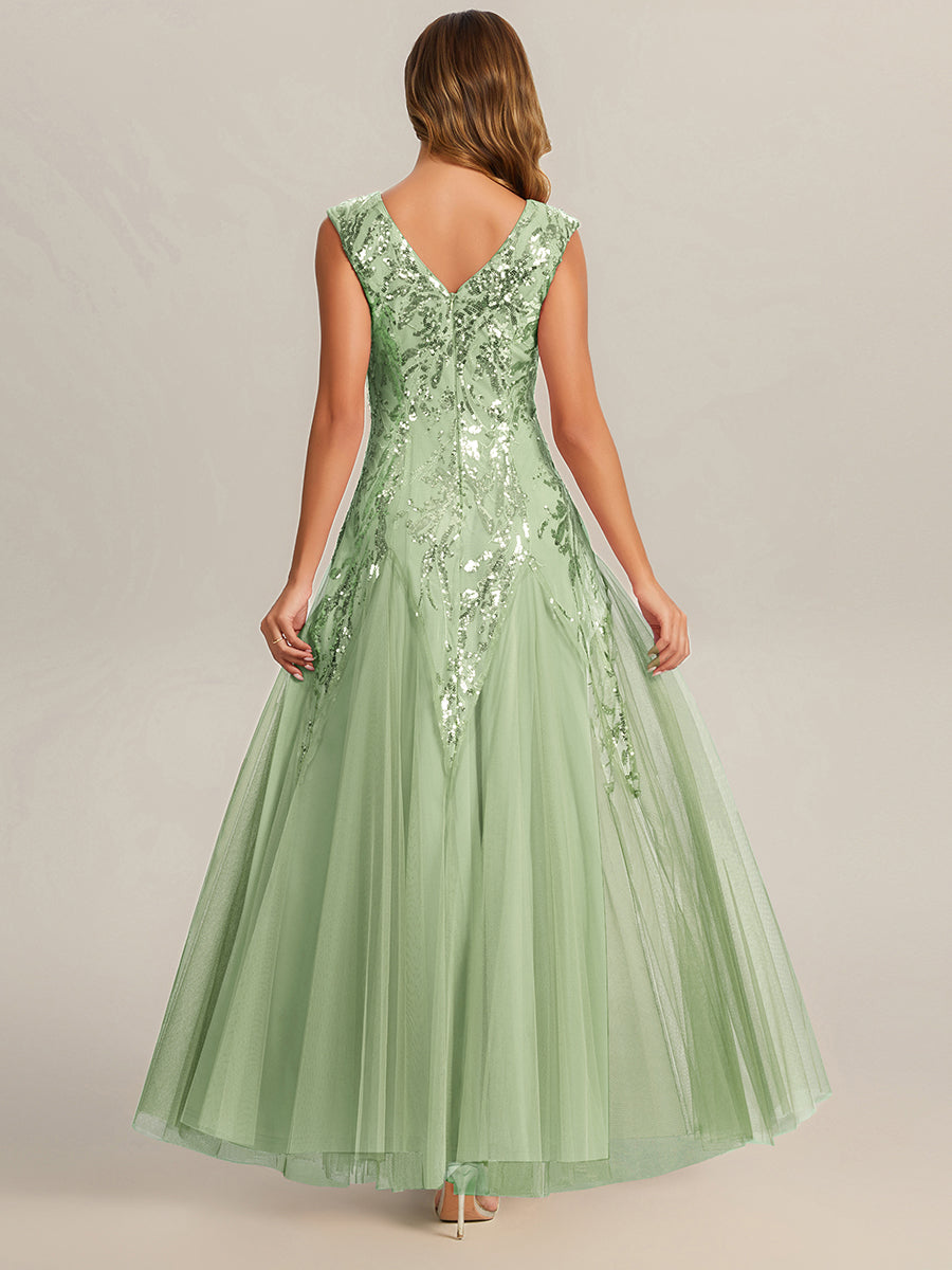 Color=Mint Green | Volume Discounts Short Sleeve V-Neck Embroidered A-Line Floor Length Evening Dresses-Mint Green 2