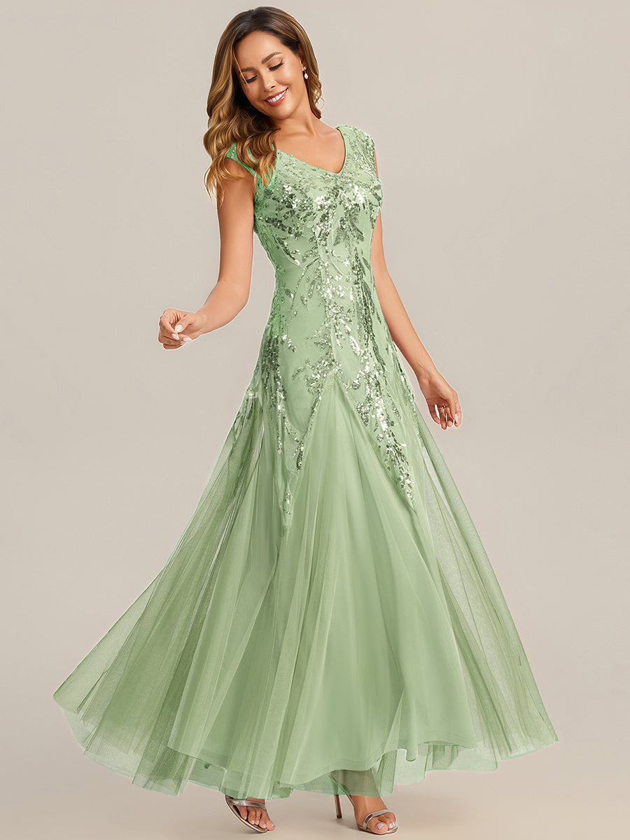 Color=Mint Green | Volume Discounts Short Sleeve V-Neck Embroidered A-Line Floor Length Evening Dresses-Mint Green 4