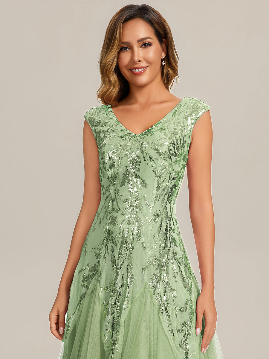 Color=Mint Green | Volume Discounts Short Sleeve V-Neck Embroidered A-Line Floor Length Evening Dresses-Mint Green 3