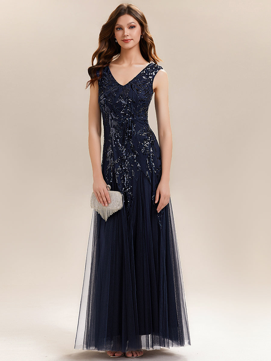 Color=Navy Blue | One Stop Shop Sleeveless V-Neck Embroidered A-Line Floor Length Evening Dresses-Navy Blue 11