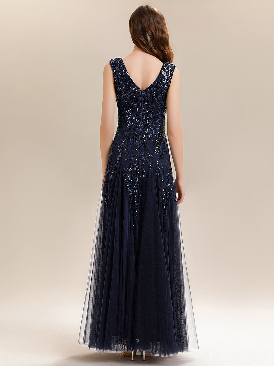 Color=Navy Blue | One Stop Shop Sleeveless V-Neck Embroidered A-Line Floor Length Evening Dresses-Navy Blue 12