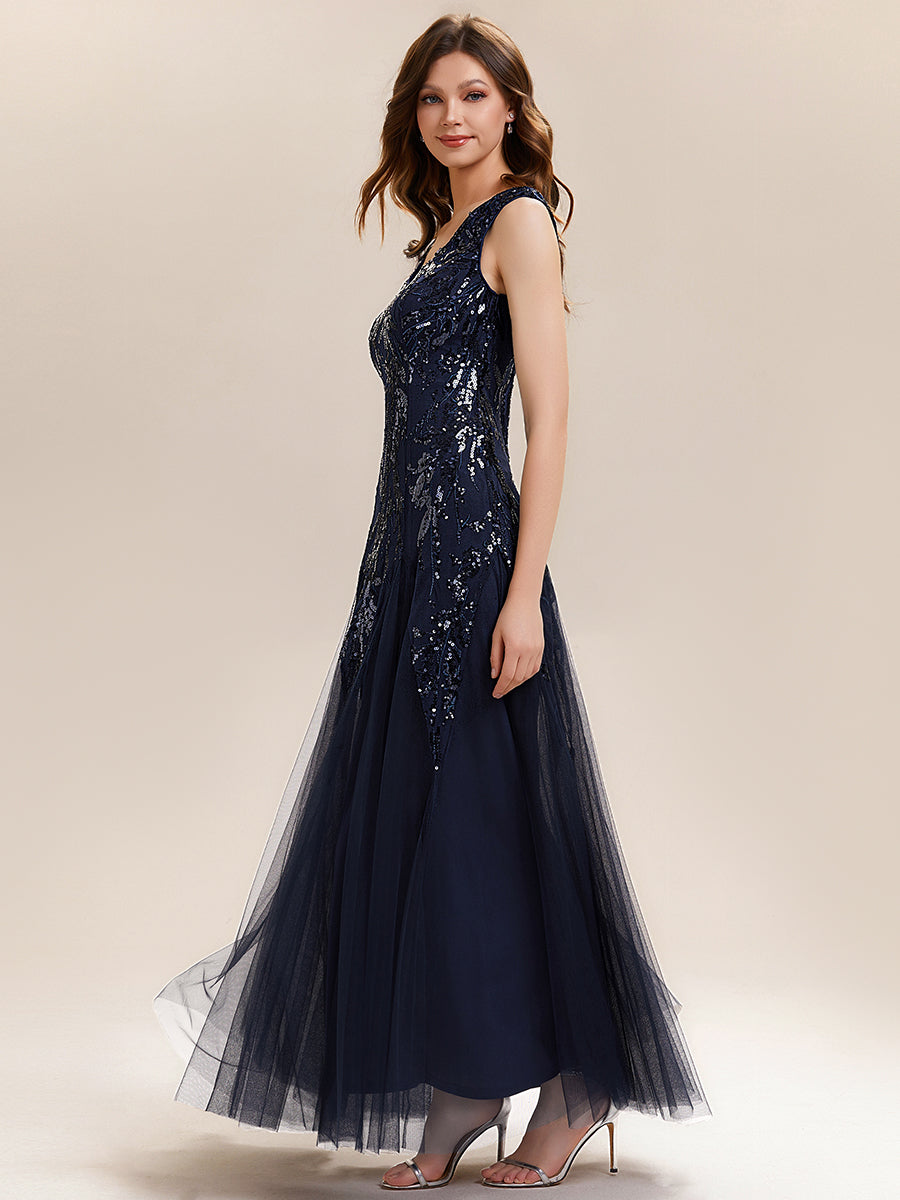 Color=Navy Blue | One Stop Shop Sleeveless V-Neck Embroidered A-Line Floor Length Evening Dresses-Navy Blue 14