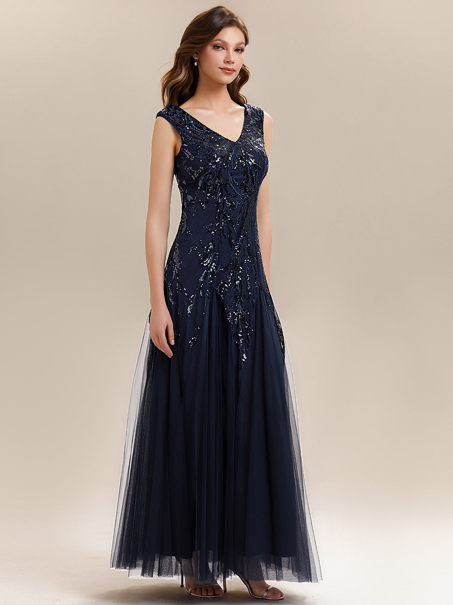 Color=Navy Blue | One Stop Shop Sleeveless V-Neck Embroidered A-Line Floor Length Evening Dresses-Navy Blue 15
