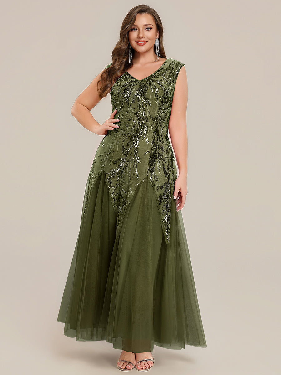 Color=Olive Green | Volume Discounts Short Sleeve V-Neck Embroidered A-Line Floor Length Evening Dresses-Olive Green 16