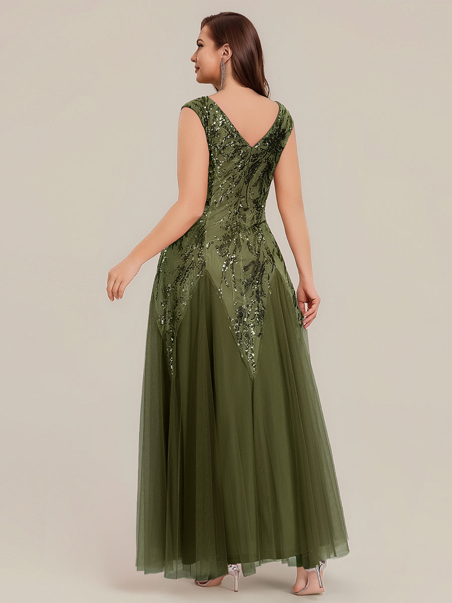 Color=Olive Green | Volume Discounts Short Sleeve V-Neck Embroidered A-Line Floor Length Evening Dresses-Olive Green 17