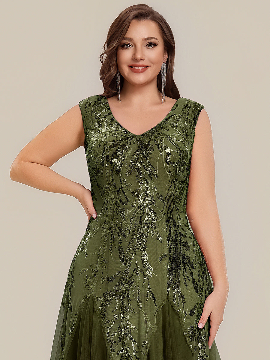 Color=Olive Green | Volume Discounts Short Sleeve V-Neck Embroidered A-Line Floor Length Evening Dresses-Olive Green 18