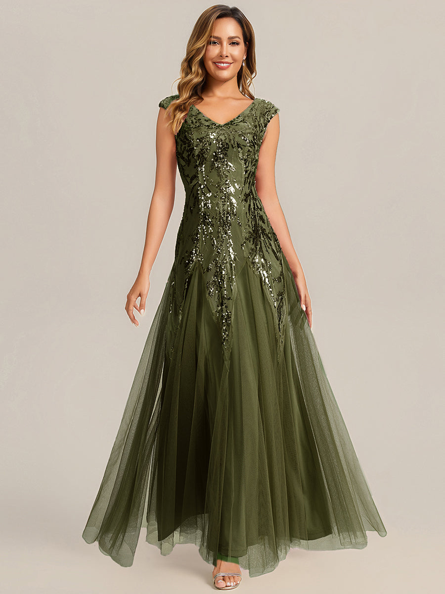 Color=Olive Green | Volume Discounts Short Sleeve V-Neck Embroidered A-Line Floor Length Evening Dresses-Olive Green 11