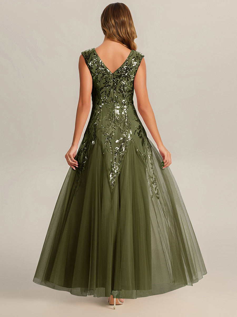 Color=Olive Green | Volume Discounts Short Sleeve V-Neck Embroidered A-Line Floor Length Evening Dresses-Olive Green 12