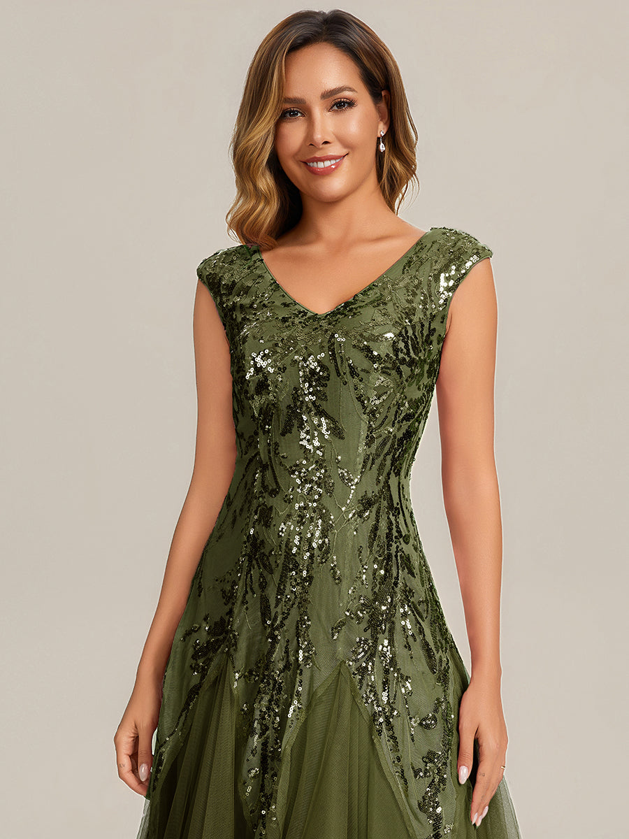 Color=Olive Green | Volume Discounts Short Sleeve V-Neck Embroidered A-Line Floor Length Evening Dresses-Olive Green 13