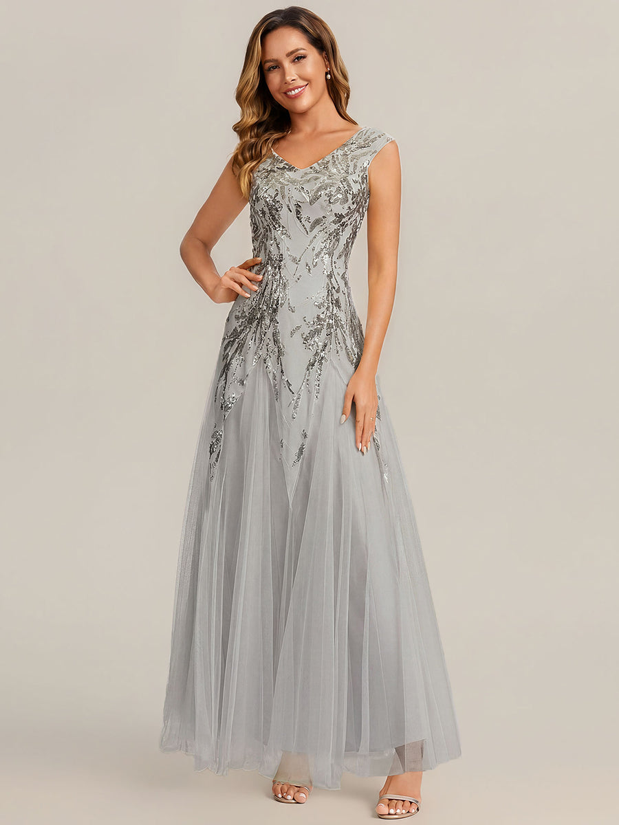 Color=Silver | Wholesale Pricing Strapless V-Neck A-Line Floor Length Embroidered Evening Dresses-Silver 1