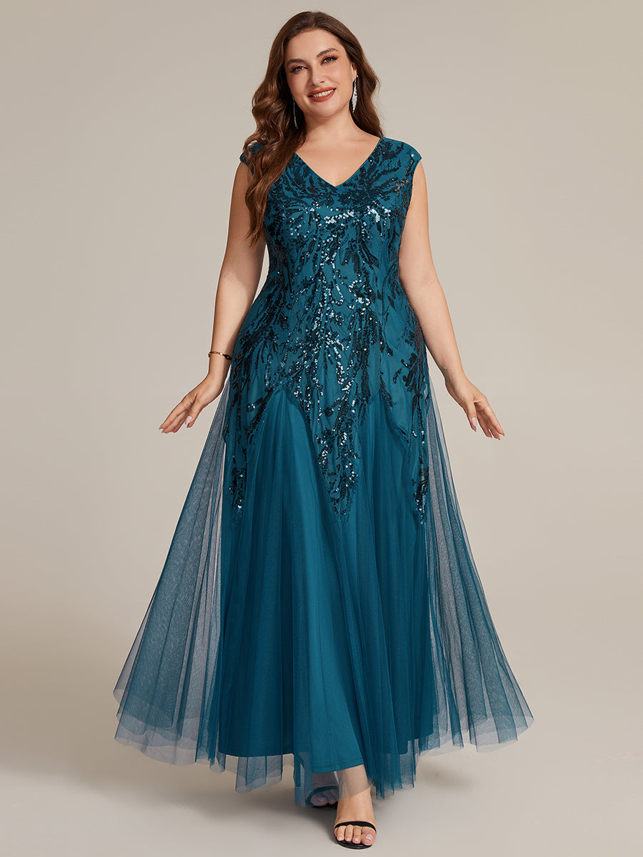 Color=Teal | Commercial Wholesale Short Sleeve V-Neck A-Line Maxi Dress with Embroidery & Sequins Evening Dresses-Teal 46