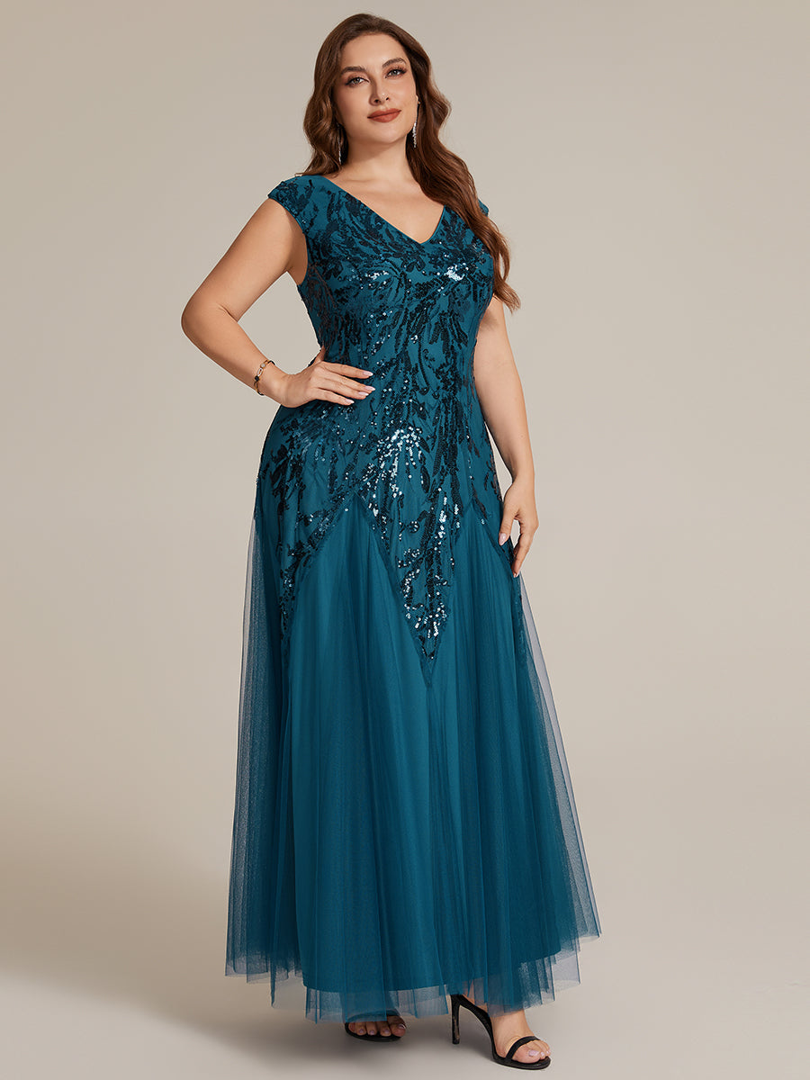 Color=Teal | Commercial Wholesale Short Sleeve V-Neck A-Line Maxi Dress with Embroidery & Sequins Evening Dresses-Teal 49