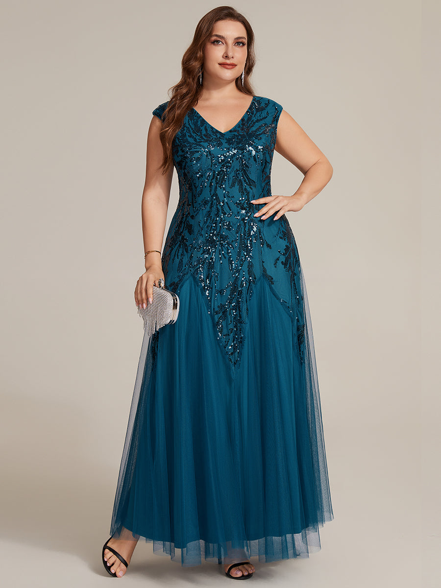 Color=Teal | Commercial Wholesale Short Sleeve V-Neck A-Line Maxi Dress with Embroidery & Sequins Evening Dresses-Teal 50