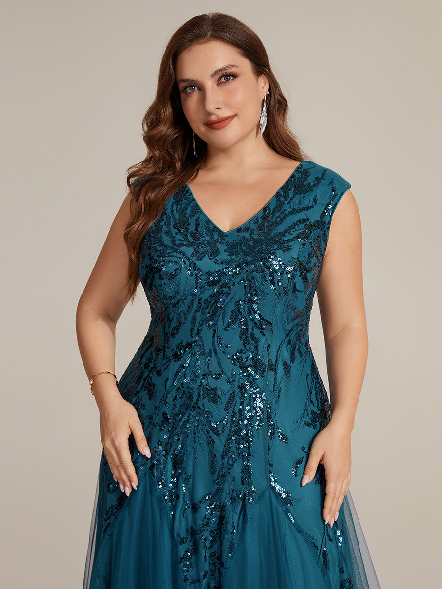 Color=Teal | Commercial Wholesale Short Sleeve V-Neck A-Line Maxi Dress with Embroidery & Sequins Evening Dresses-Teal 48