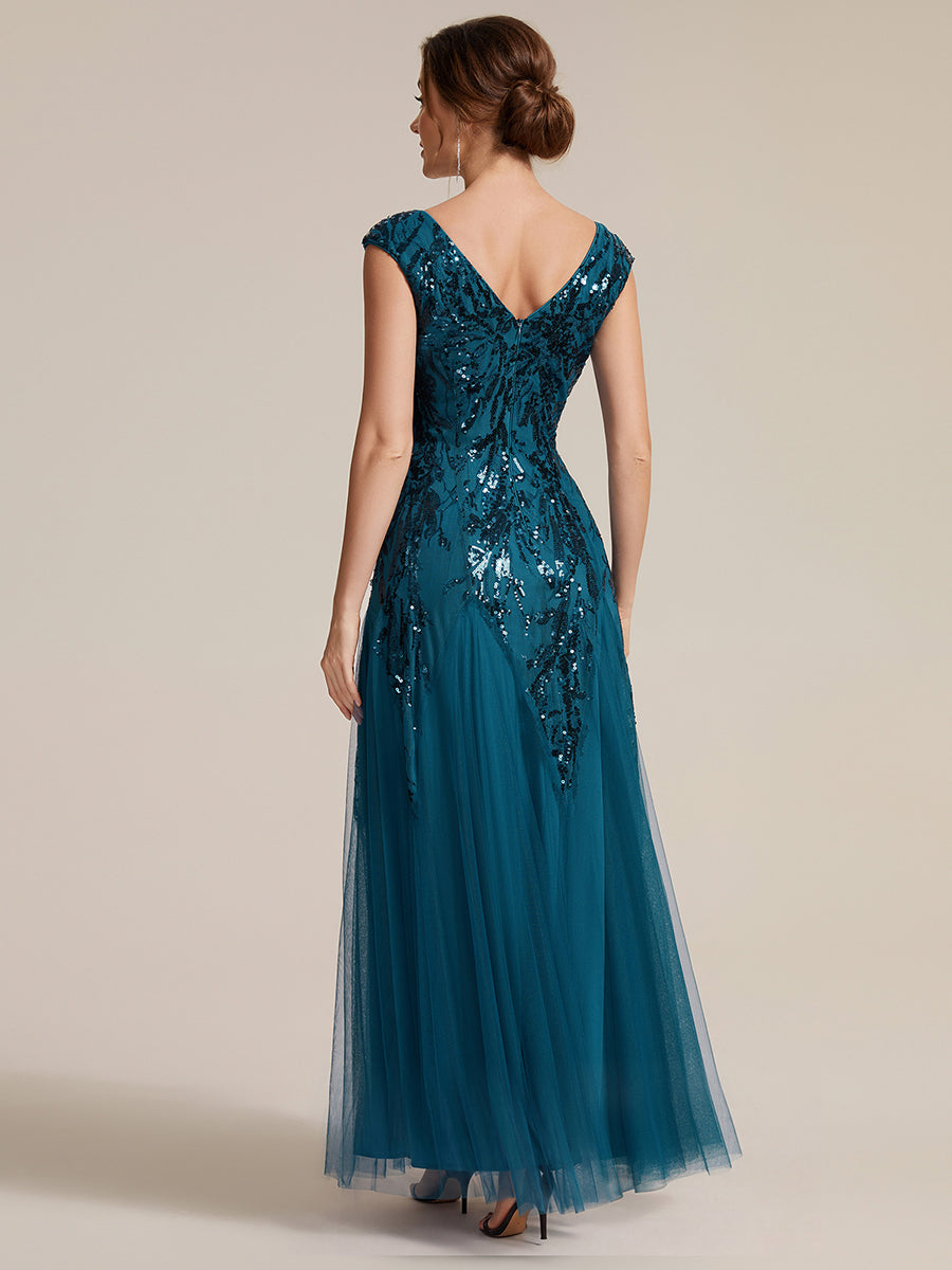 Color=Teal | Commercial Wholesale Short Sleeve V-Neck A-Line Maxi Dress with Embroidery & Sequins Evening Dresses-Teal 42
