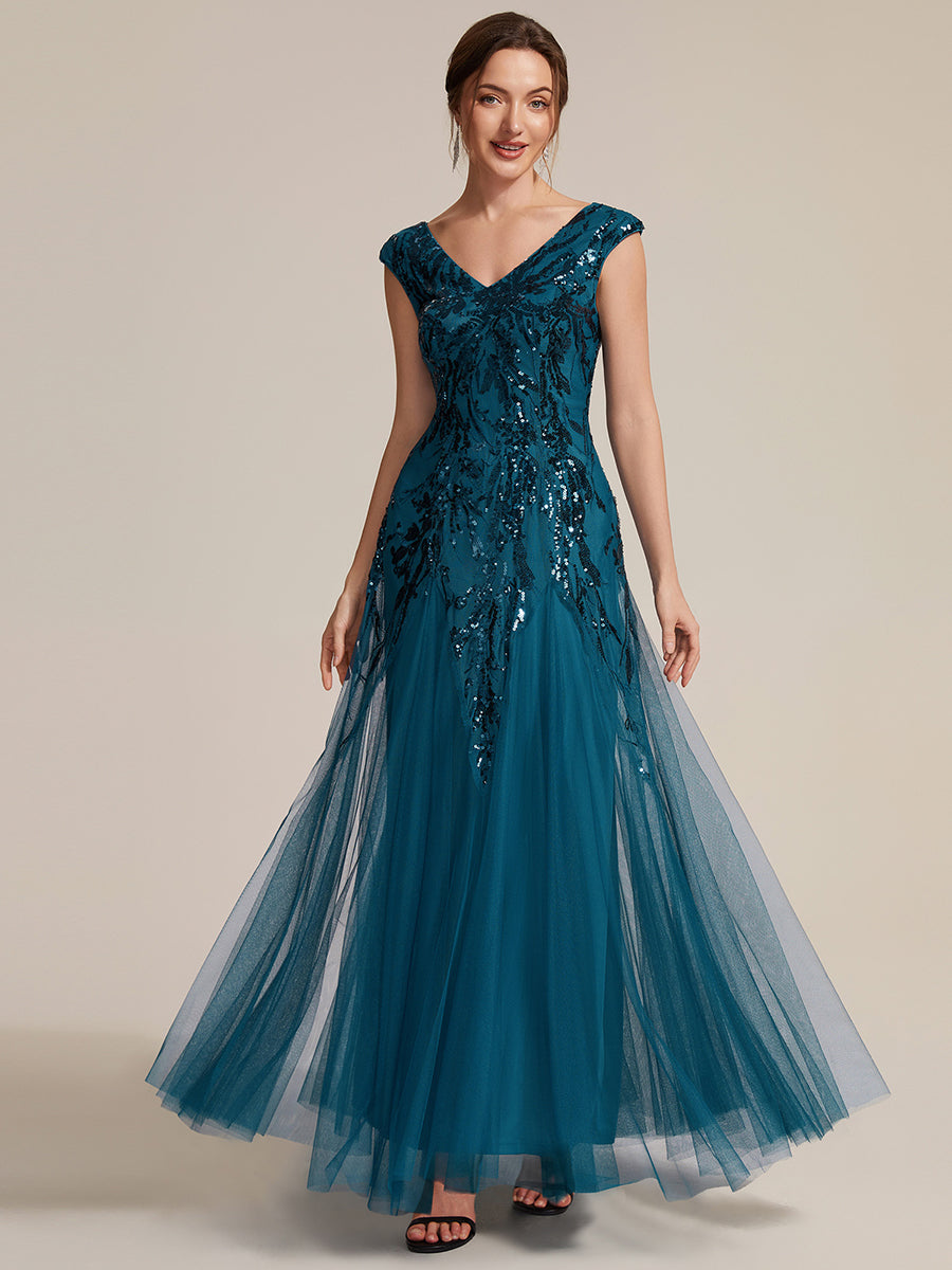 Color=Teal | Commercial Wholesale Short Sleeve V-Neck A-Line Maxi Dress with Embroidery & Sequins Evening Dresses-Teal 44