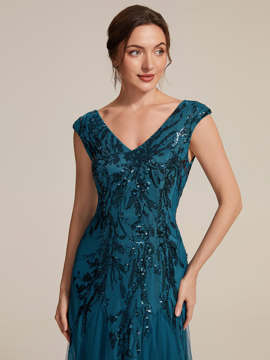 Color=Teal | Commercial Wholesale Short Sleeve V-Neck A-Line Maxi Dress with Embroidery & Sequins Evening Dresses-Teal 43