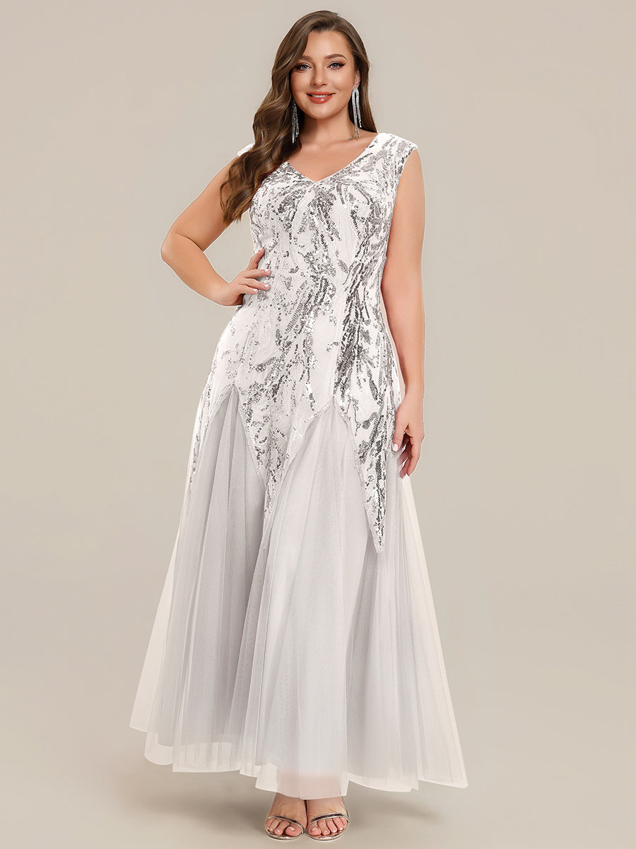 Color=White | B2B-Exclusive Short Sleeve Embroidered Sequin V-Neck A-Line Floor Length Evening Dresses-White 12