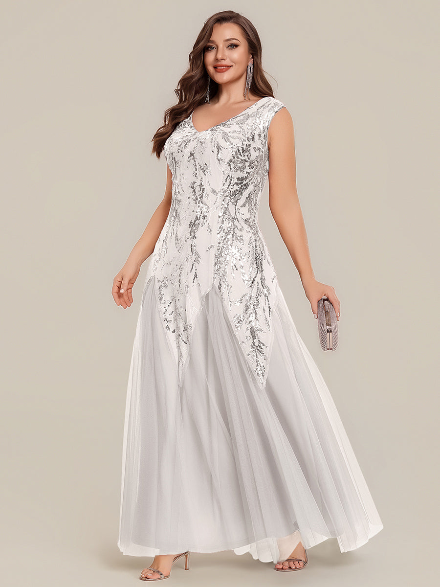 Color=White | B2B-Exclusive Short Sleeve Embroidered Sequin V-Neck A-Line Floor Length Evening Dresses-White 15
