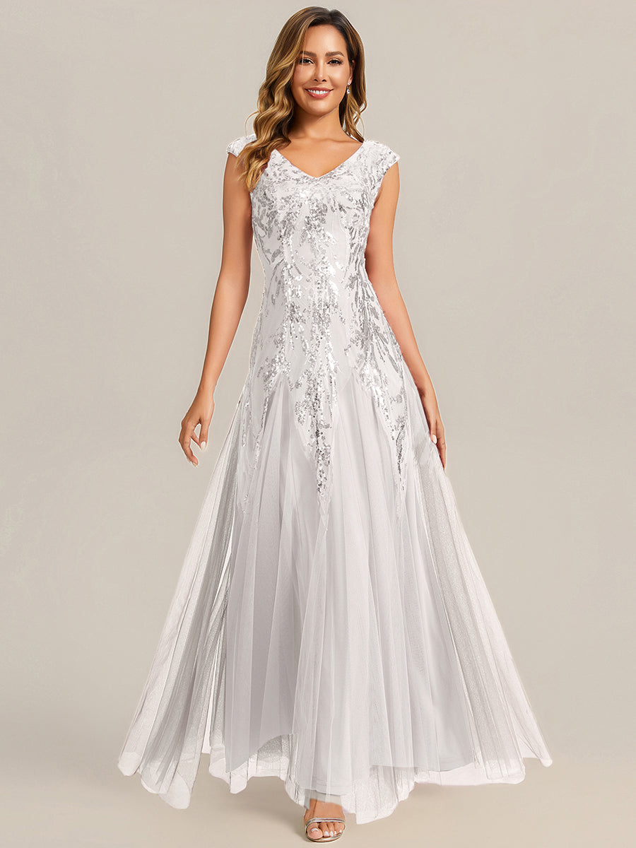 Color=White | B2B-Exclusive Short Sleeve Embroidered Sequin V-Neck A-Line Floor Length Evening Dresses-White 7