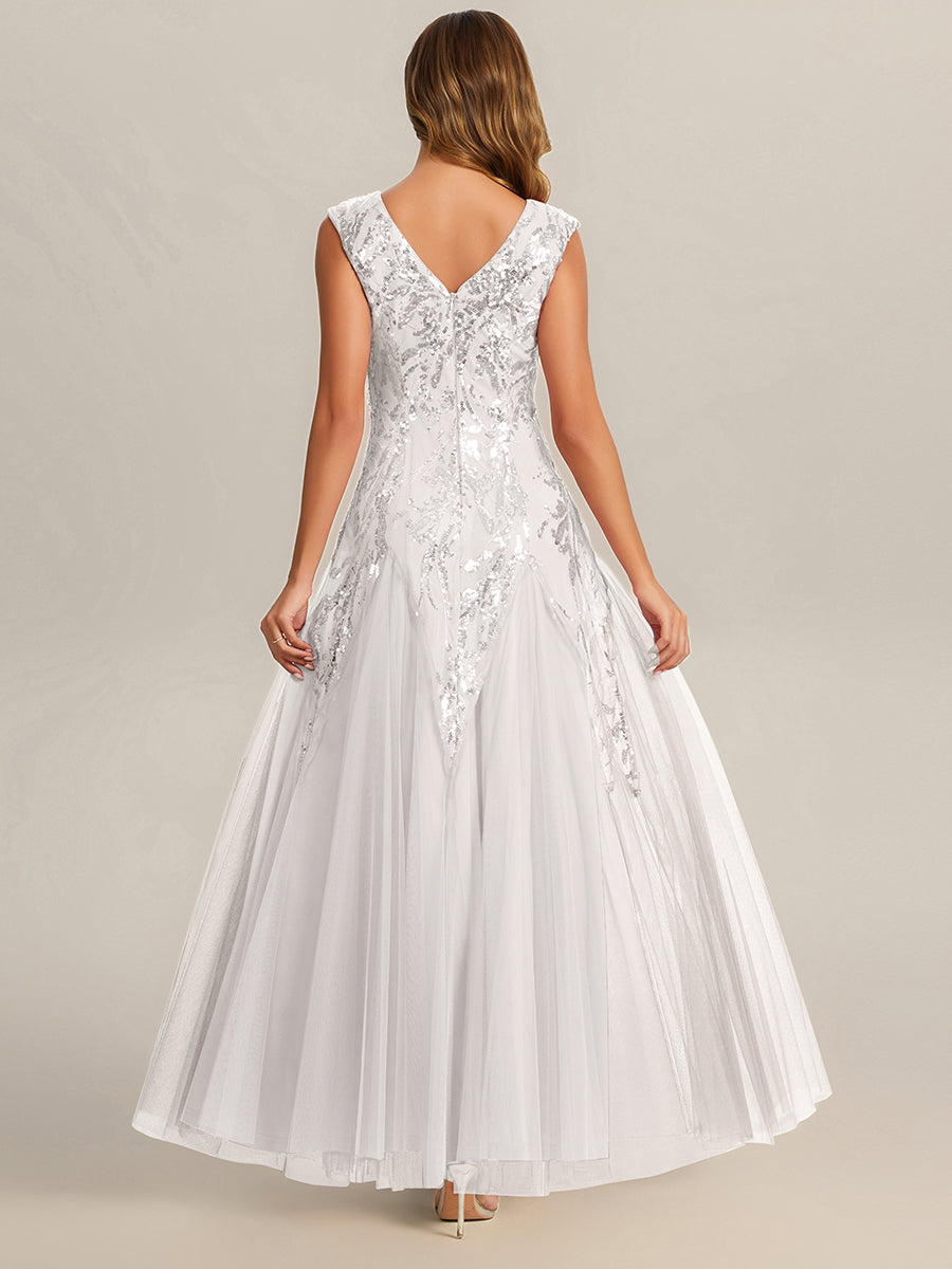 Color=White | B2B-Exclusive Short Sleeve Embroidered Sequin V-Neck A-Line Floor Length Evening Dresses-White 8