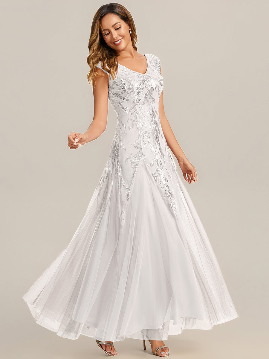 Color=White | B2B-Exclusive Short Sleeve Embroidered Sequin V-Neck A-Line Floor Length Evening Dresses-White 10