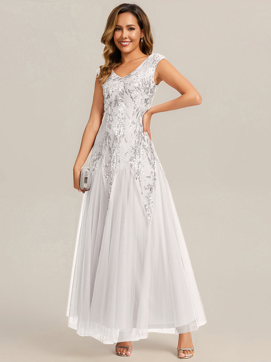 Color=White | B2B-Exclusive Short Sleeve Embroidered Sequin V-Neck A-Line Floor Length Evening Dresses-White 11