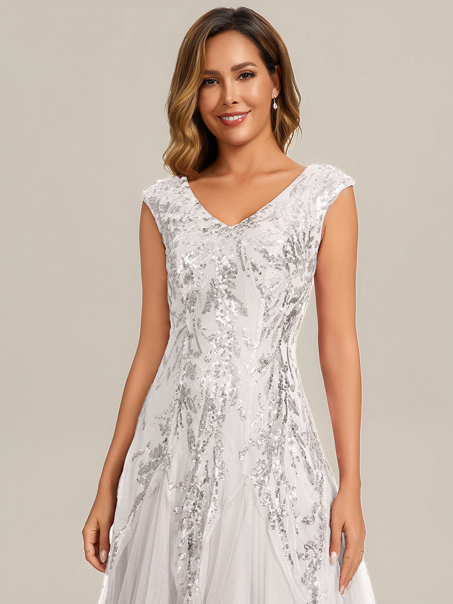 Color=White | B2B-Exclusive Short Sleeve Embroidered Sequin V-Neck A-Line Floor Length Evening Dresses-White 9