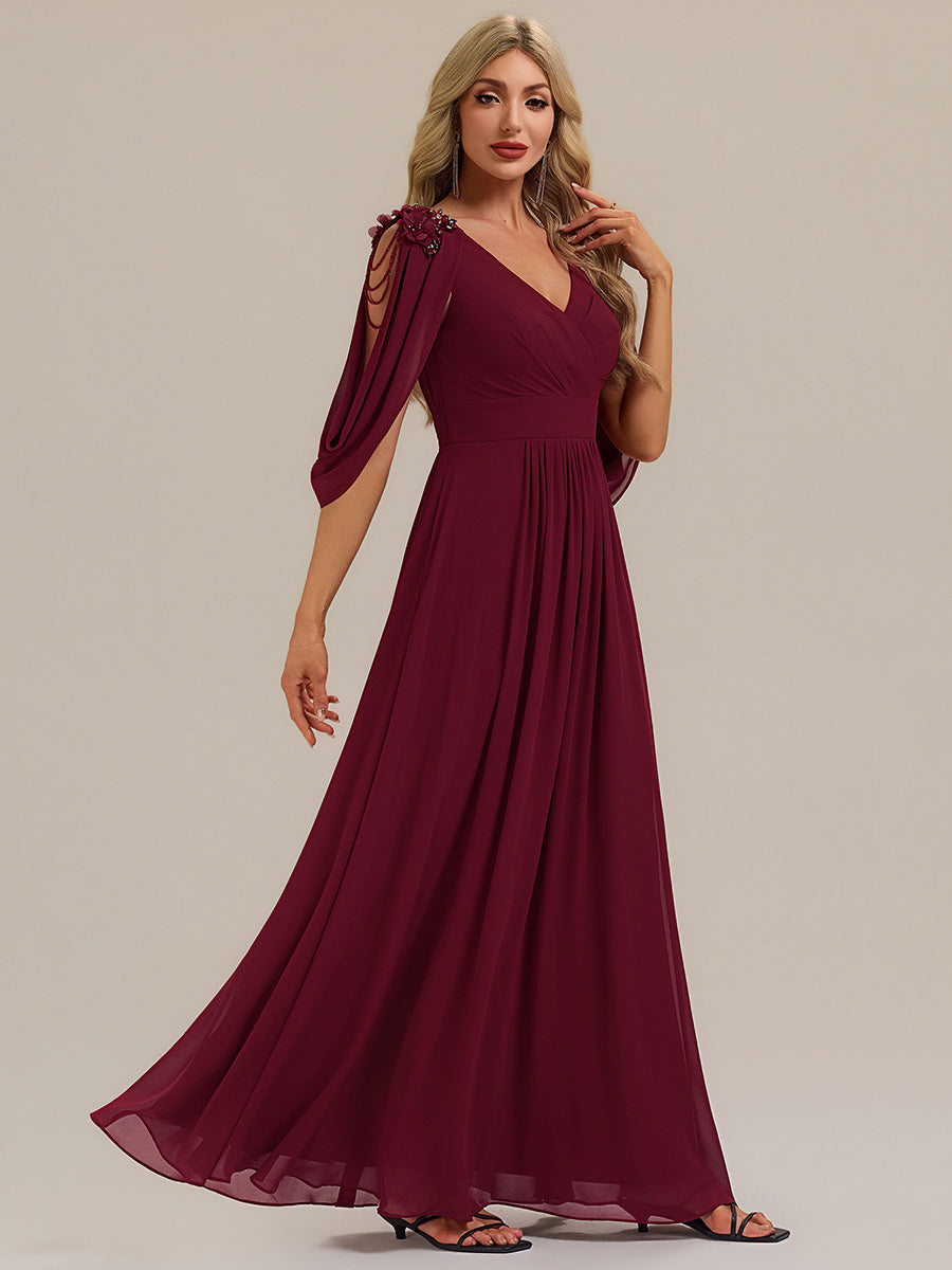 Color=Burgundy | Commercial Wholesale Half Sleeve Deep V-Neck Appliques A-Line Floor Length Evening Dresses-Burgundy 4