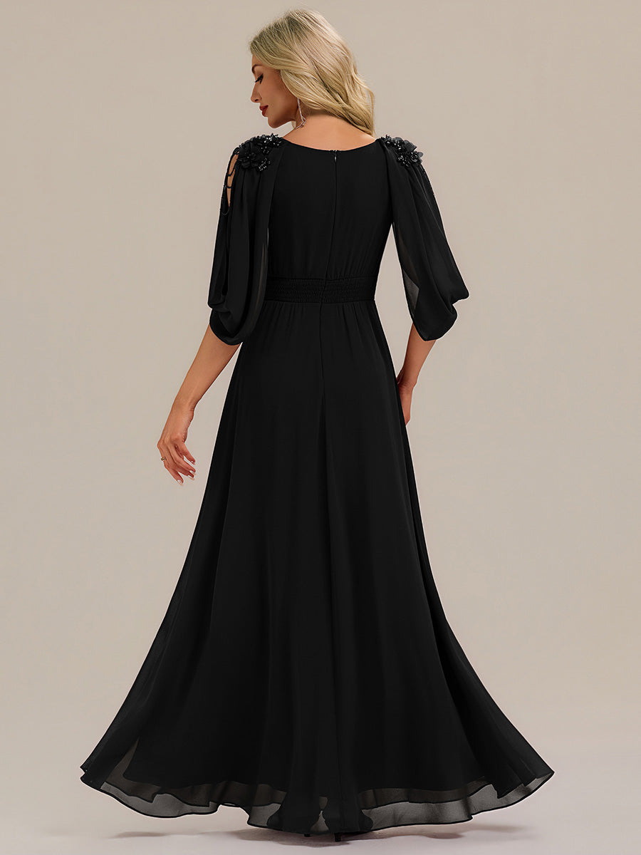 Color=Black | Commercial Wholesale Half Sleeve Deep V-Neck Appliques A-Line Floor Length Evening Dresses-Black 12