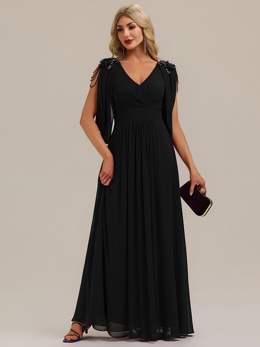 Color=Black | Commercial Wholesale Half Sleeve Deep V-Neck Appliques A-Line Floor Length Evening Dresses-Black 15