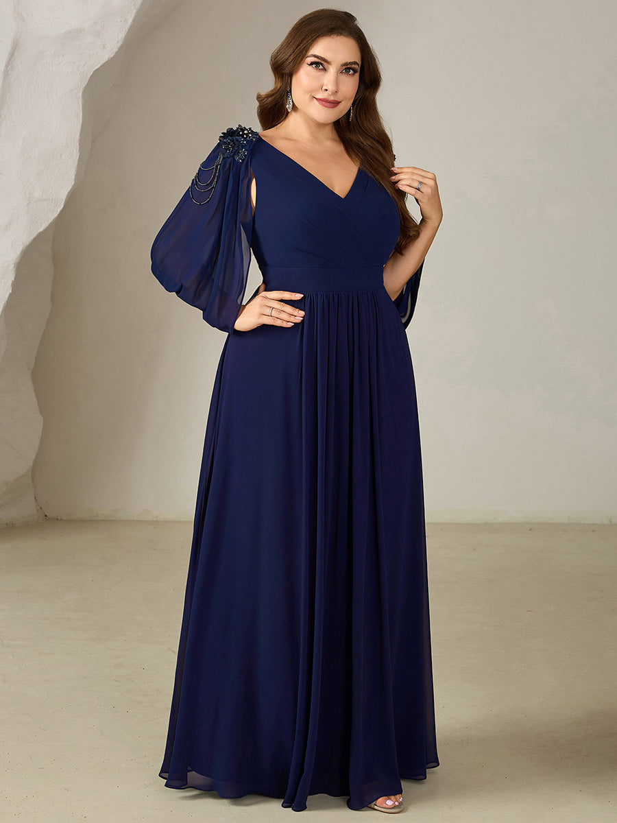 Color=Navy Blue | Factory Design Half Sleeve Deep V-Neck A-Line Floor Length Beaded Evening Dresses-Navy Blue 9