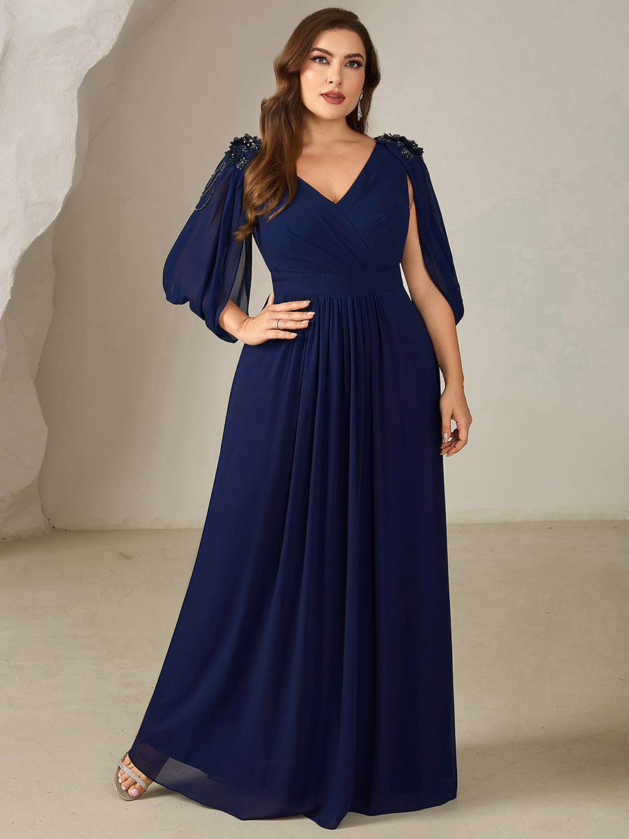 Color=Navy Blue | Factory Design Half Sleeve Deep V-Neck A-Line Floor Length Beaded Evening Dresses-Navy Blue 10