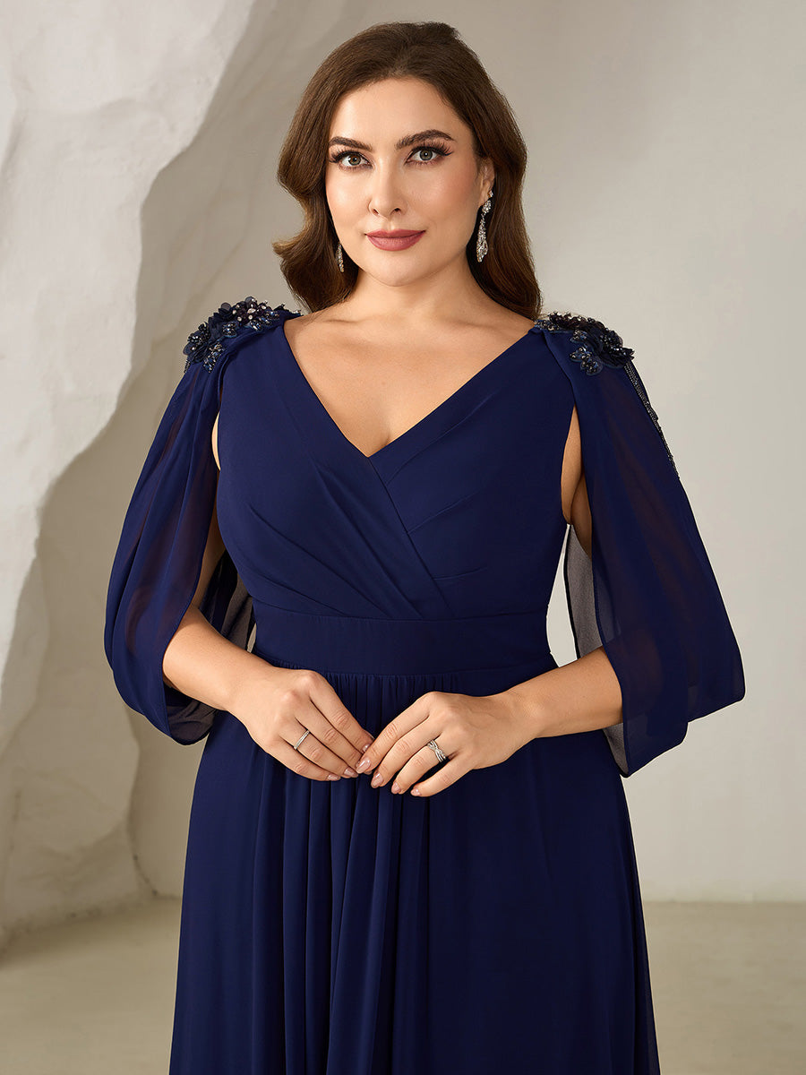 Color=Navy Blue | Factory Design Half Sleeve Deep V-Neck A-Line Floor Length Beaded Evening Dresses-Navy Blue 8