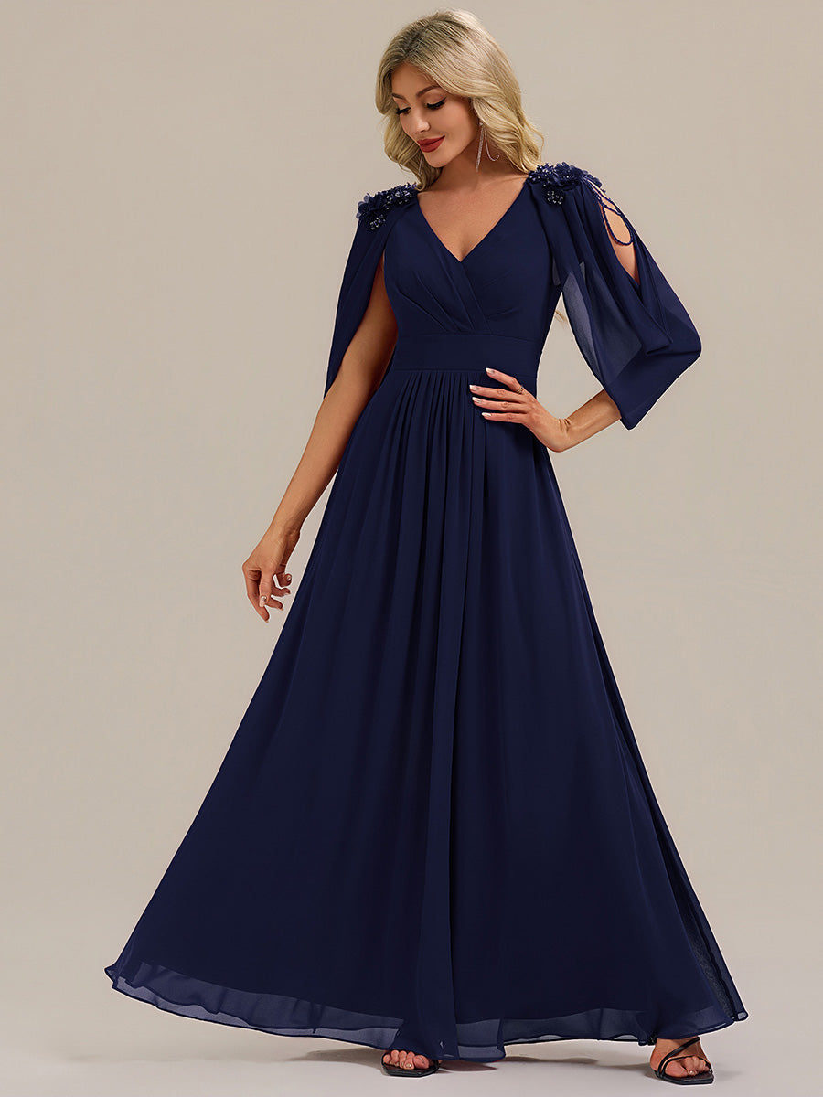 Color=Navy Blue | Factory Design Half Sleeve Deep V-Neck A-Line Floor Length Beaded Evening Dresses-Navy Blue 1