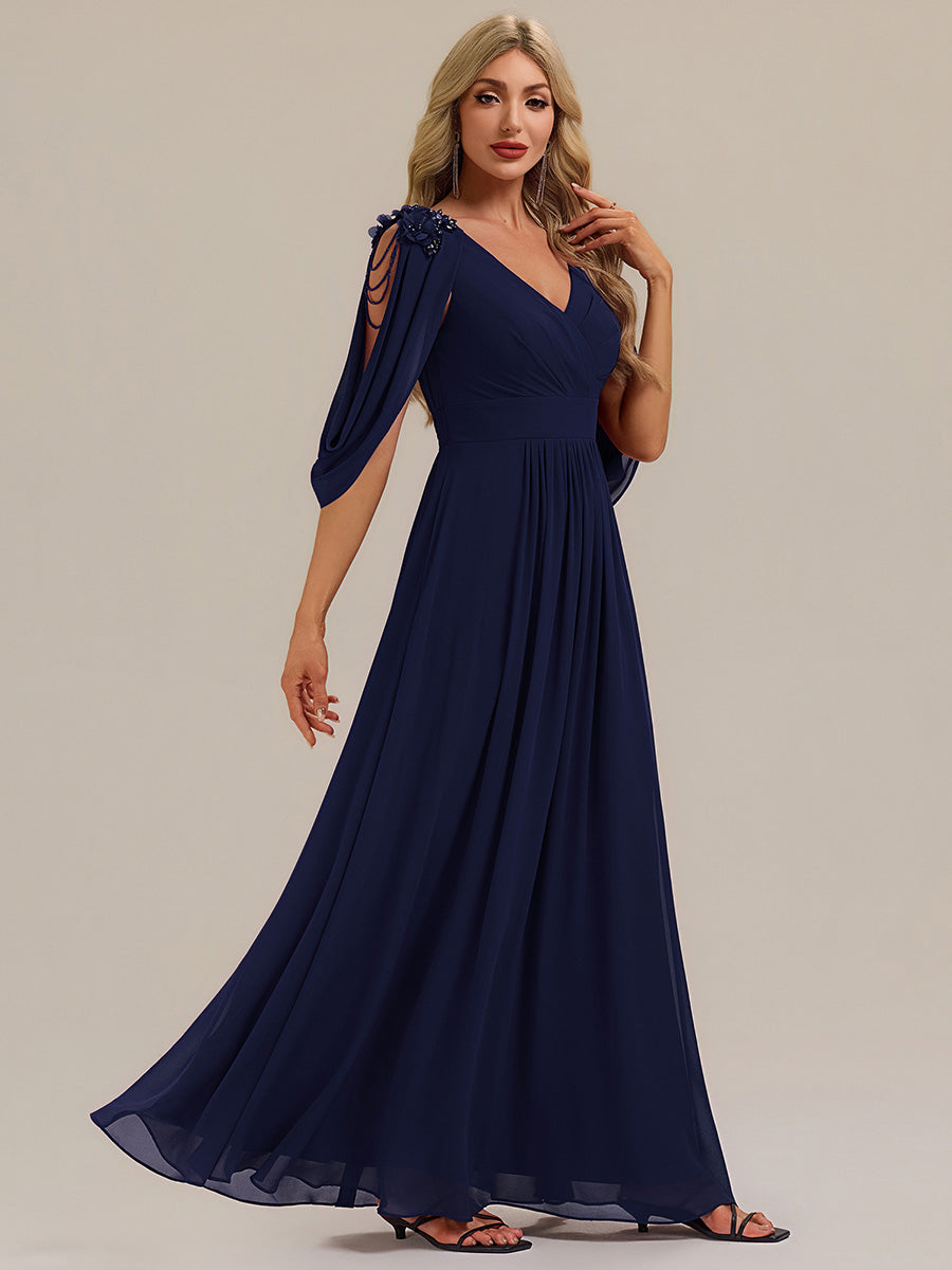 Color=Navy Blue | Factory Design Half Sleeve Deep V-Neck A-Line Floor Length Beaded Evening Dresses-Navy Blue 4