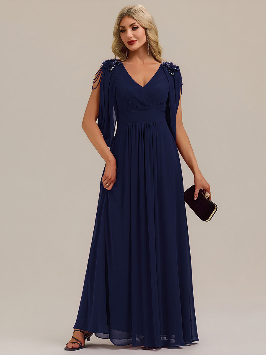 Color=Navy Blue | Factory Design Half Sleeve Deep V-Neck A-Line Floor Length Beaded Evening Dresses-Navy Blue 5
