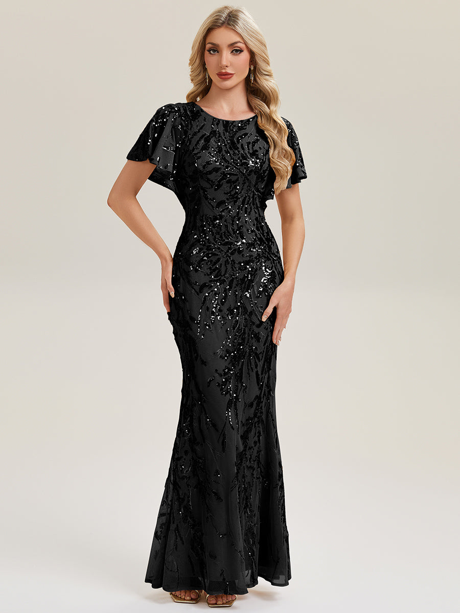 Color=Black | Volume Discounts Short Sleeve Sequin Fishtail High Stretch Round Neck Evening Dresses-Black 1